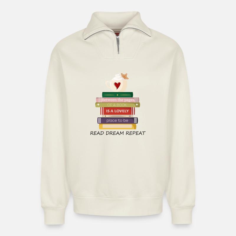 Bücher - Relaxed Unisex Organic Half Zip Sweatshirt – von SPREAD - Naturweiß