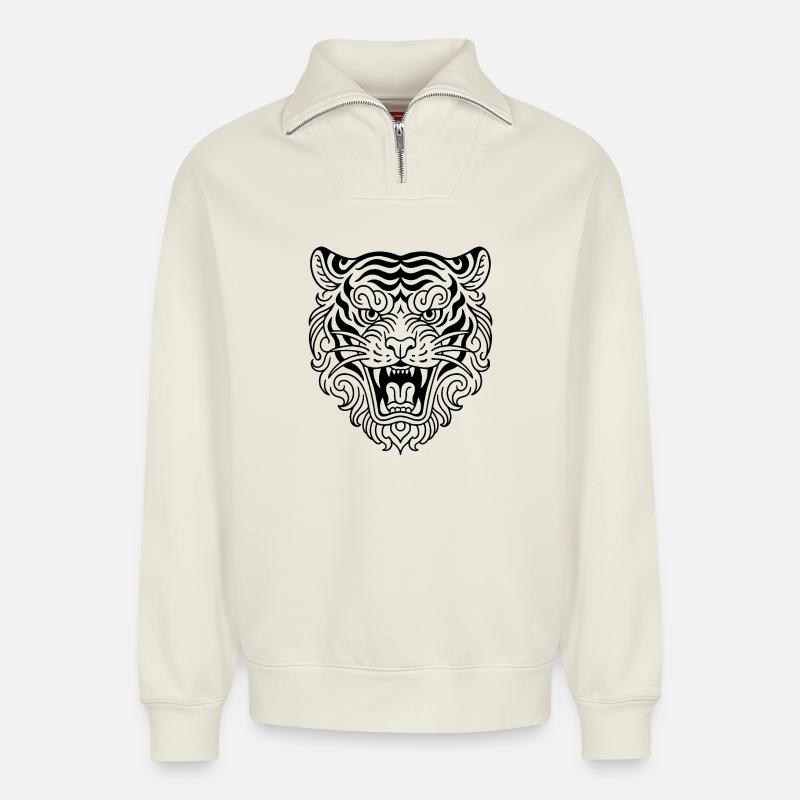 Tigerkopf - Relaxed Unisex Organic Half Zip Sweatshirt – von SPREAD - Naturweiß