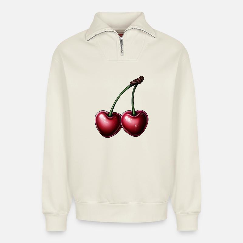 rote Kirschen in Herzform - Relaxed Unisex Organic Half Zip Sweatshirt – von SPREAD - Naturweiß
