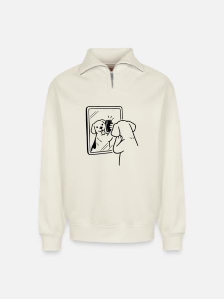 Selfie Dog Dog - Relaxed Unisex Organic Half Zip Sweatshirt – by SPREAD - off white