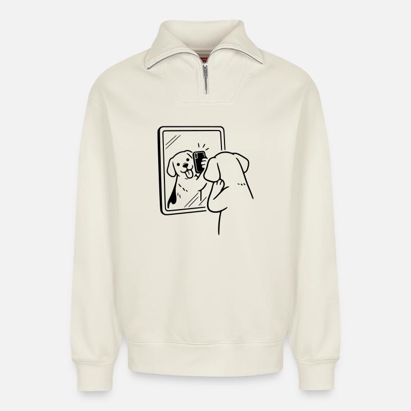 Selfie Dog Dog - Relaxed Unisex Organic Half Zip Sweatshirt – by SPREAD - off white