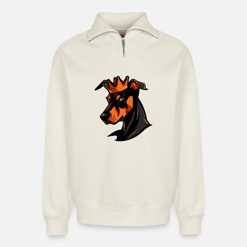 Couronne de chien doberman - Sweat unisexe décontracté en coton biologique à demi-zip – de SPREAD - blanc cassé