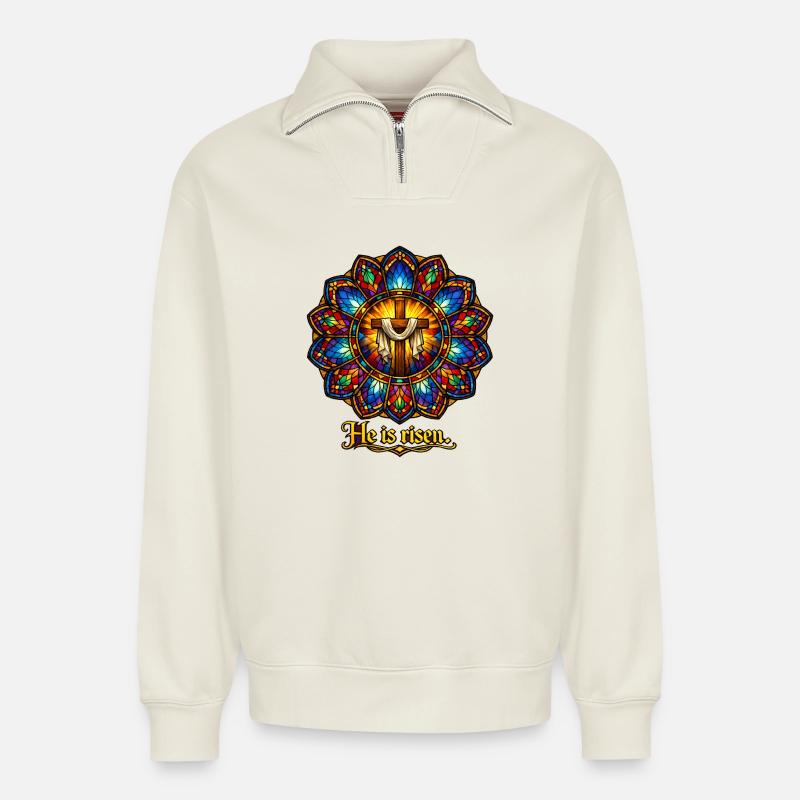 he is risen - Relaxed Unisex Organic Half Zip Sweatshirt – von SPREAD - Naturweiß