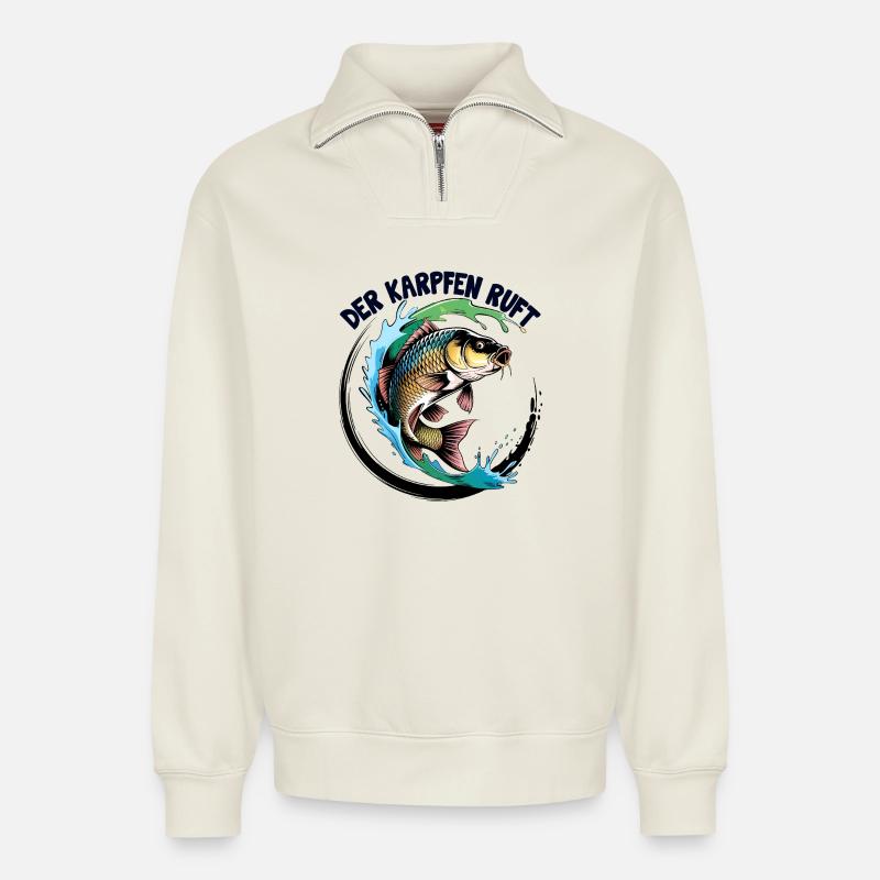 Der Karpfen ruft - Relaxed Unisex Organic Half Zip Sweatshirt – von SPREAD - Naturweiß