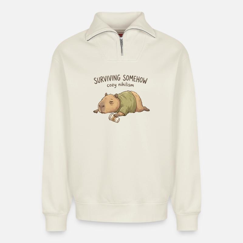 Nihilisme câlin Capybara - Sweat unisexe décontracté en coton biologique à demi-zip – de SPREAD - blanc cassé