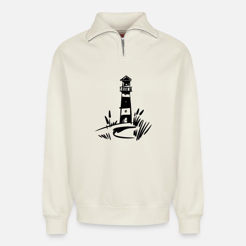 Leuchtturm Design klassisch - Relaxed Unisex Organic Half Zip Sweatshirt – von SPREAD - Naturweiß