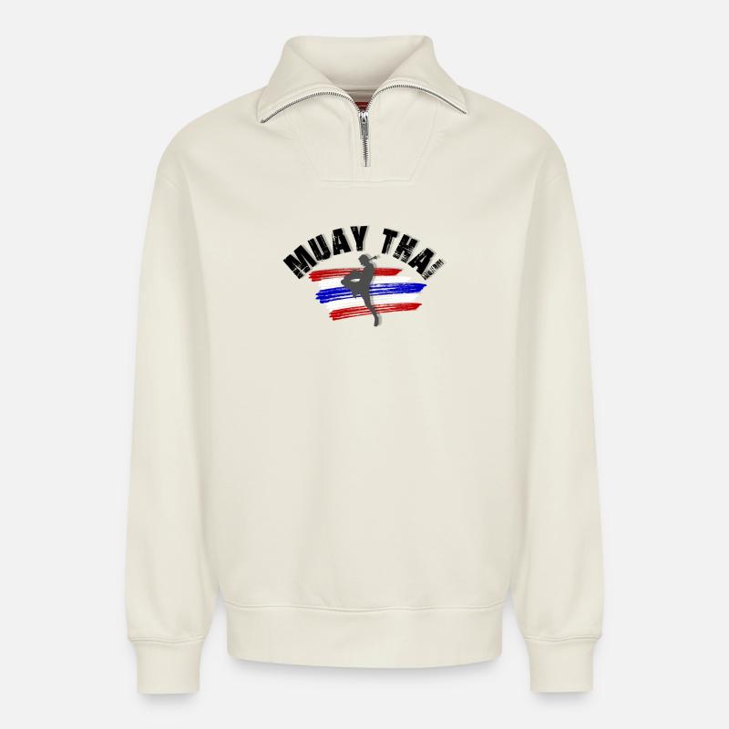 MUAY THAI - Relaxed Unisex Organic Half Zip Sweatshirt – von SPREAD - Naturweiß