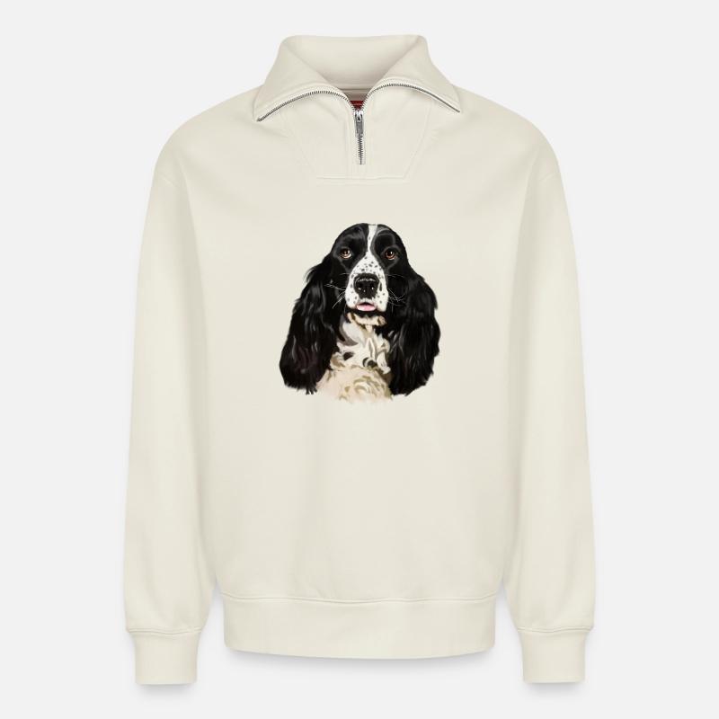 cocker spaniel - Relaxed Unisex Organic Half Zip Sweatshirt – by SPREAD - off white