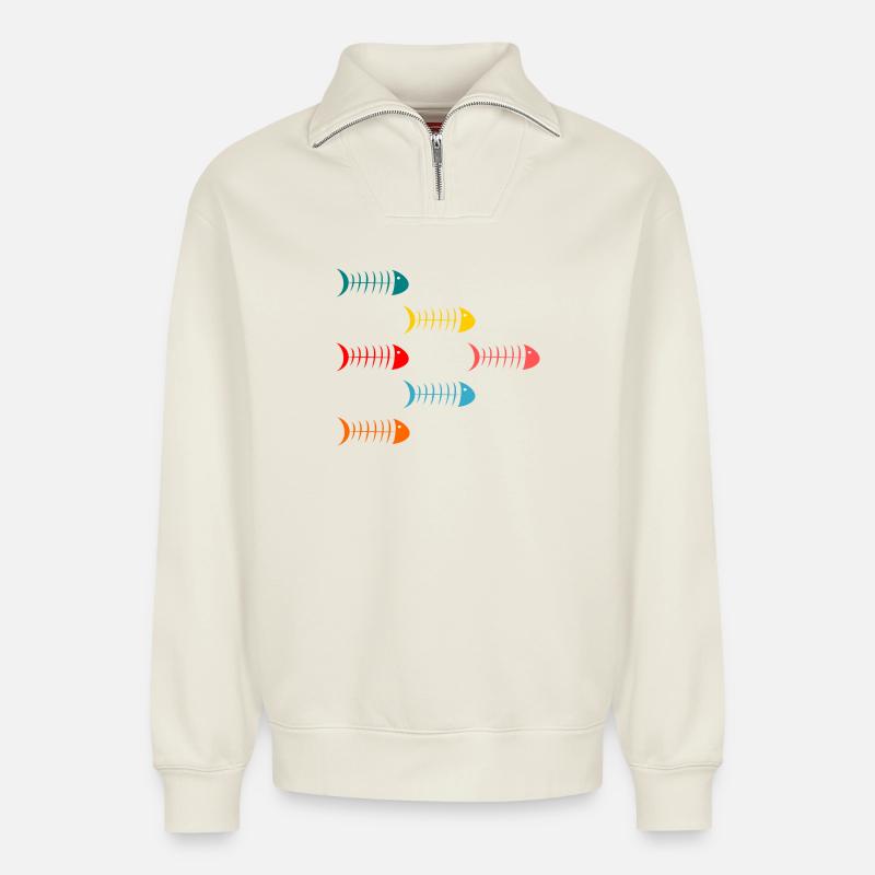 Sardines - Sweat unisexe décontracté en coton biologique à demi-zip – de SPREAD - blanc cassé