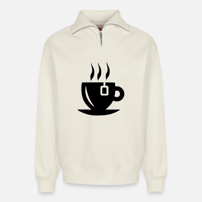 Tea cup with tea bag - Relaxed Unisex Organic Half Zip Sweatshirt – by SPREAD - off white