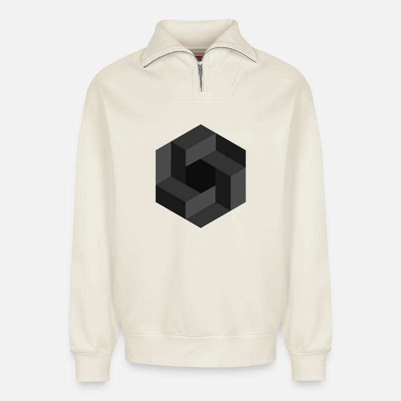 Abstract Geometric Pattern in Grayscale - Relaxed Unisex Organic Half Zip Sweatshirt – by SPREAD - off white