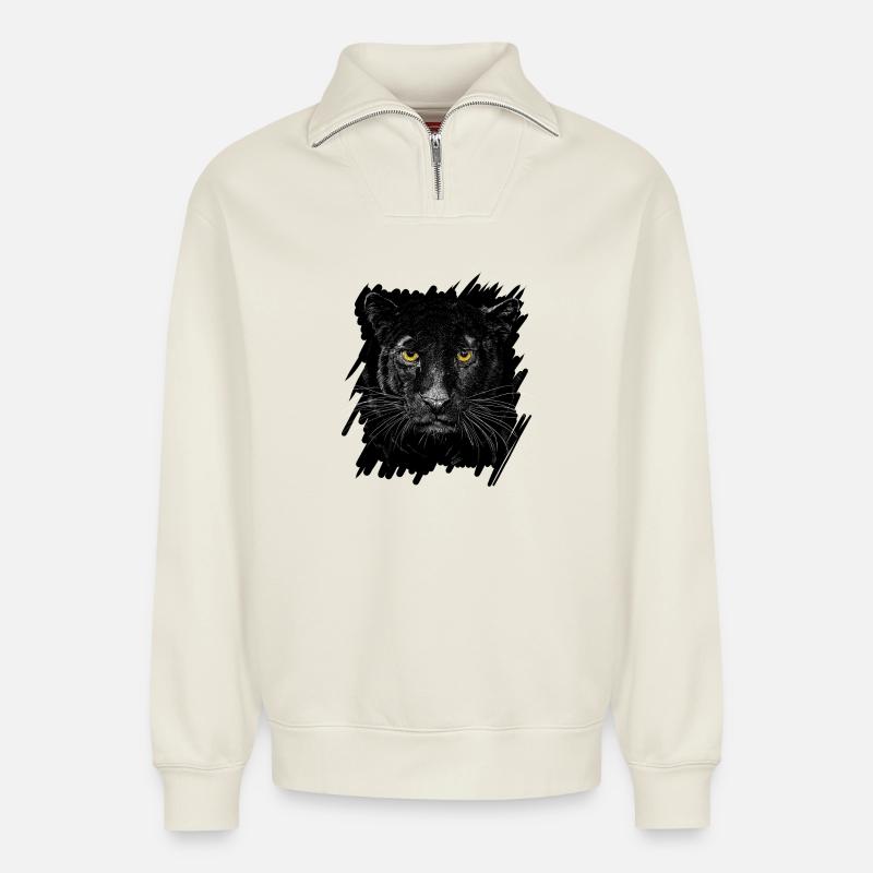Panthère noire - Sweat unisexe décontracté en coton biologique à demi-zip – de SPREAD - blanc cassé
