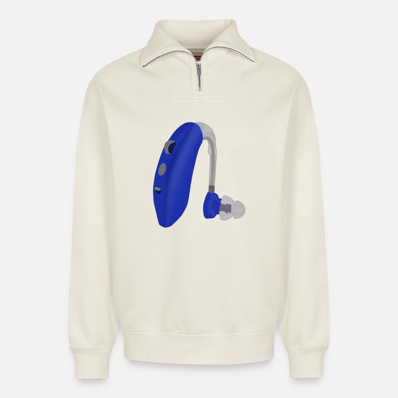 Une aide auditive bleue - Sweat unisexe décontracté en coton biologique à demi-zip – de SPREAD - blanc cassé