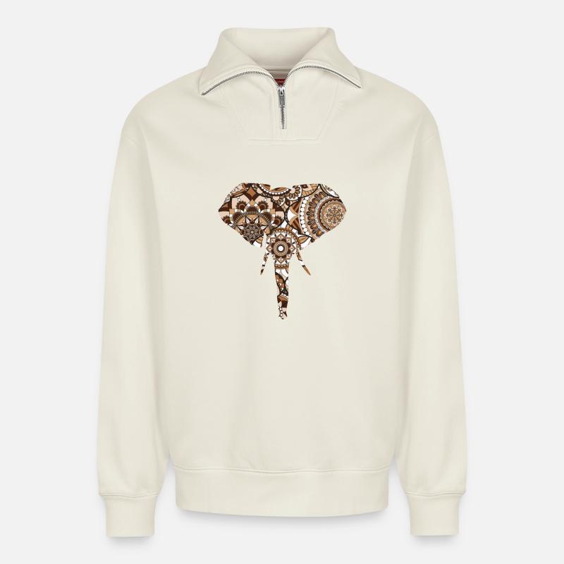 Modèle d’éléphant - Sweat unisexe décontracté en coton biologique à demi-zip – de SPREAD - blanc cassé