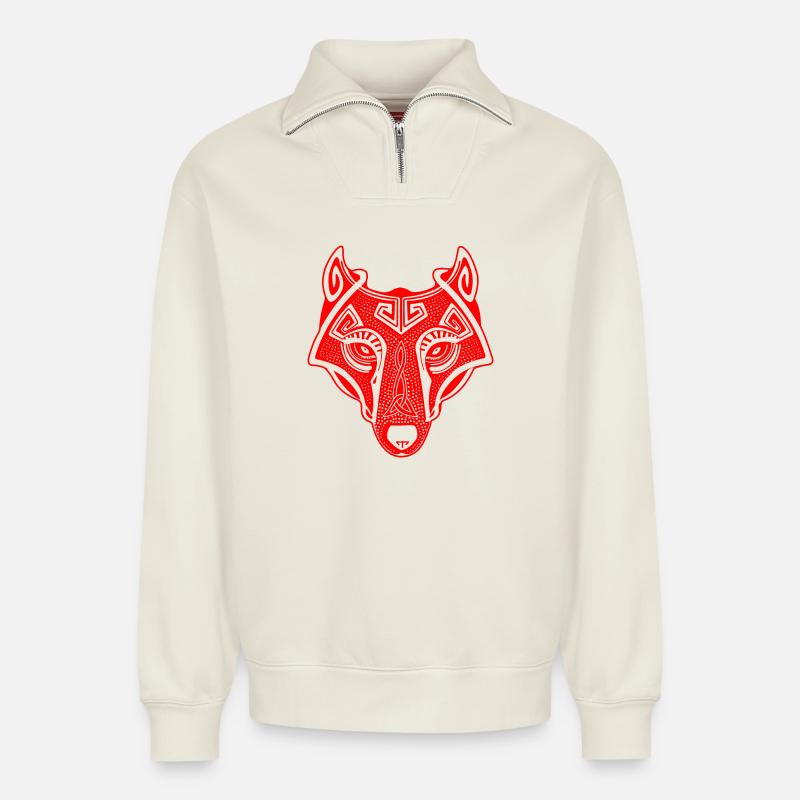 Viking Wolf red transparent - Relaxed Unisex Organic Half Zip Sweatshirt – by SPREAD - off white