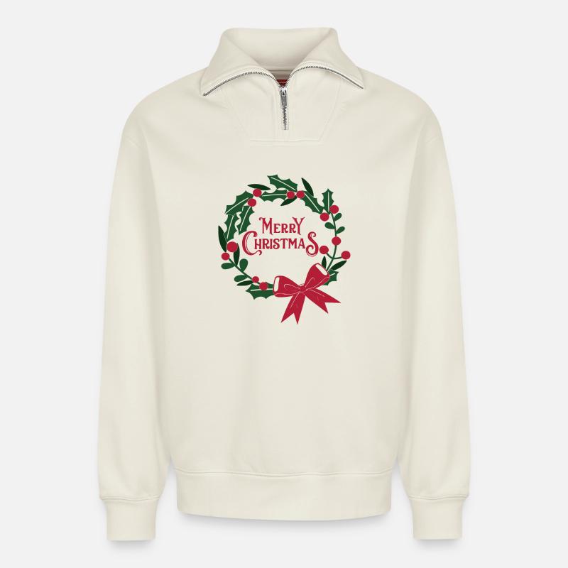 Weihnachtskranz mit roter Schleife - Relaxed Unisex Organic Half Zip Sweatshirt – von SPREAD - Naturweiß
