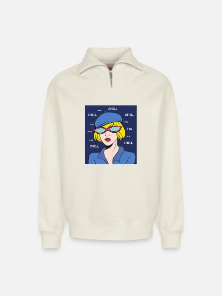 Chill Pop Art Lady - Relaxed Unisex Organic Half Zip Sweatshirt – by SPREAD - off white