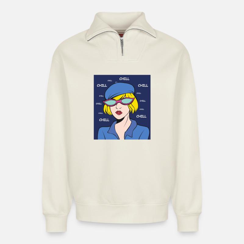 Chill Pop Art Dame - Relaxed Unisex Organic Half Zip Sweatshirt – von SPREAD - Naturweiß