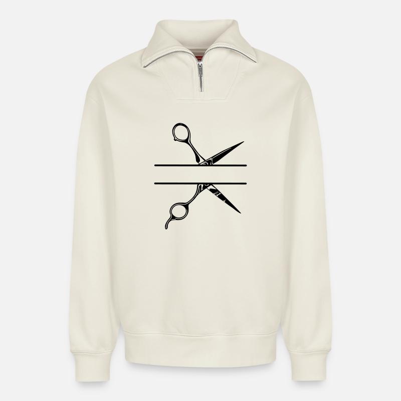 Texte bannière logo coiffeur, ciseaux - Sweat unisexe décontracté en coton biologique à demi-zip – de SPREAD - blanc cassé
