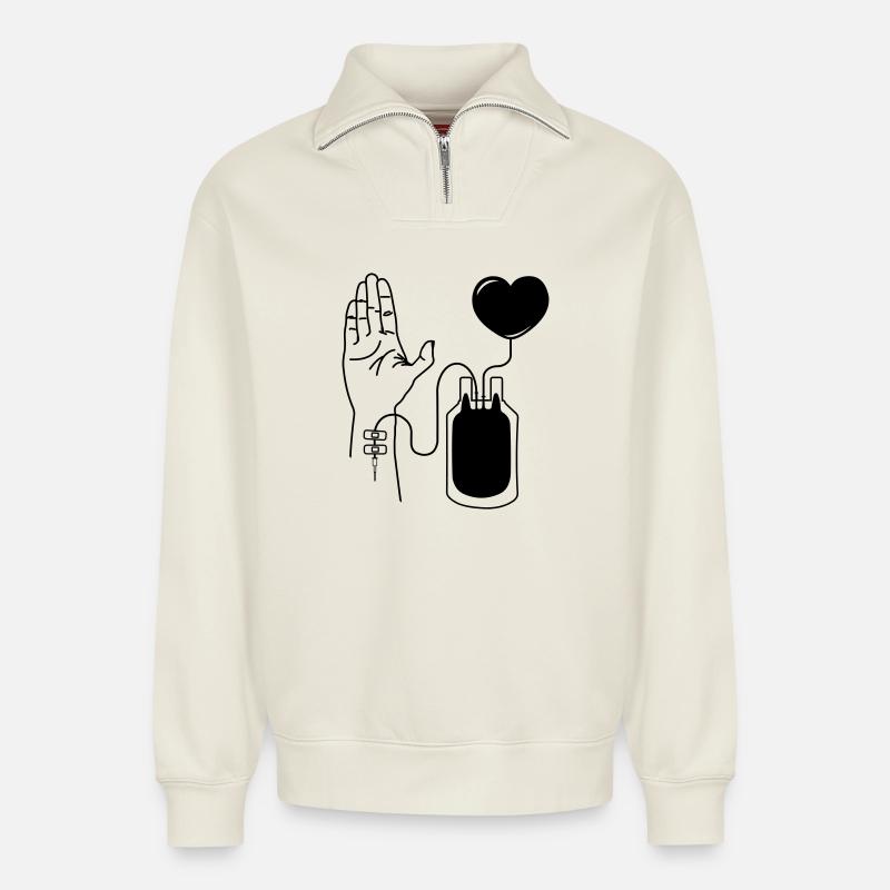 Giving blood - Relaxed Unisex Organic Half Zip Sweatshirt – by SPREAD - off white
