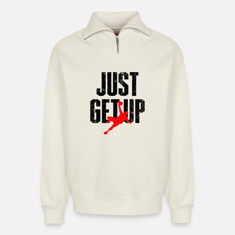 Red Leaping Athlete Silhouette - Relaxed Unisex Organic Half Zip Sweatshirt – von SPREAD - Naturweiß
