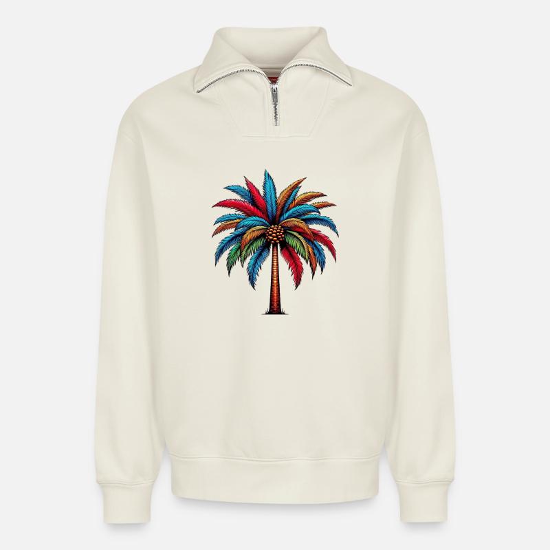 Palm tree - Relaxed Unisex Organic Half Zip Sweatshirt – by SPREAD - off white