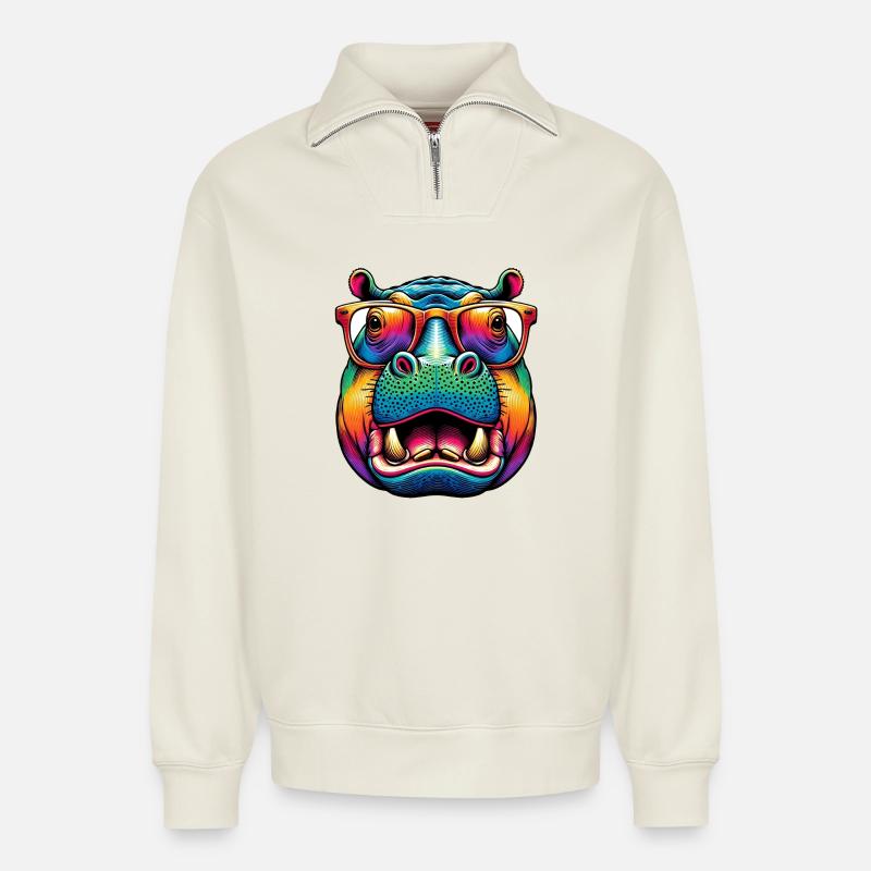 Nilpferd mit Brille - Relaxed Unisex Organic Half Zip Sweatshirt – von SPREAD - Naturweiß