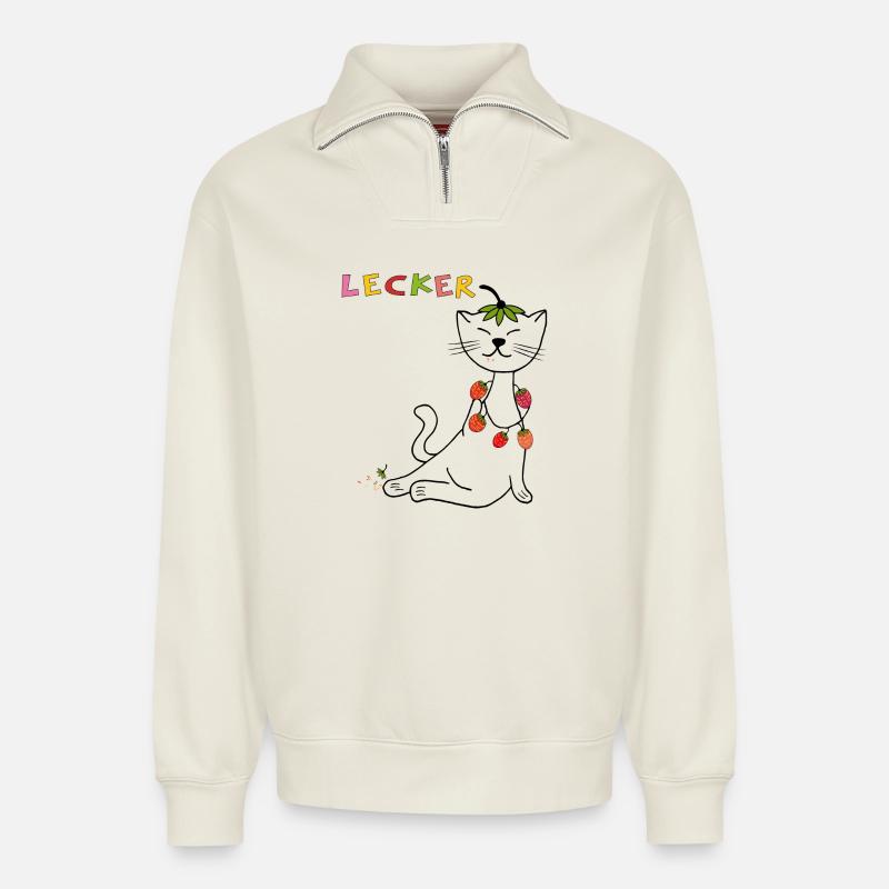 Erdbeeren Katze - Relaxed Unisex Organic Half Zip Sweatshirt – von SPREAD - Naturweiß