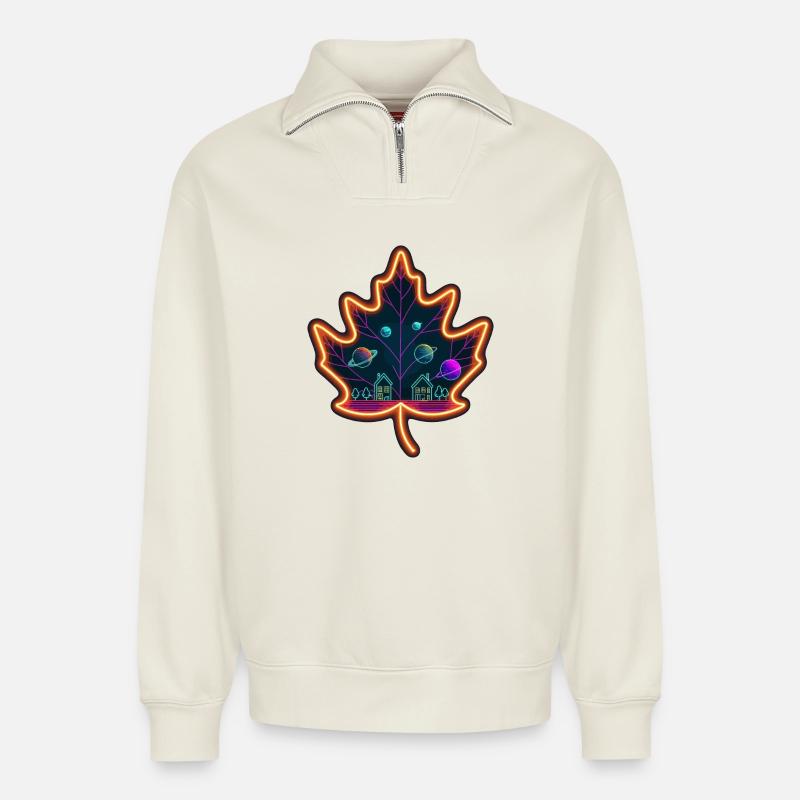 Maple leaf - Relaxed Unisex Organic Half Zip Sweatshirt – by SPREAD - off white