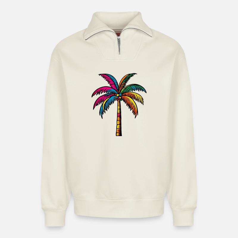 Palm tree - Relaxed Unisex Organic Half Zip Sweatshirt – by SPREAD - off white