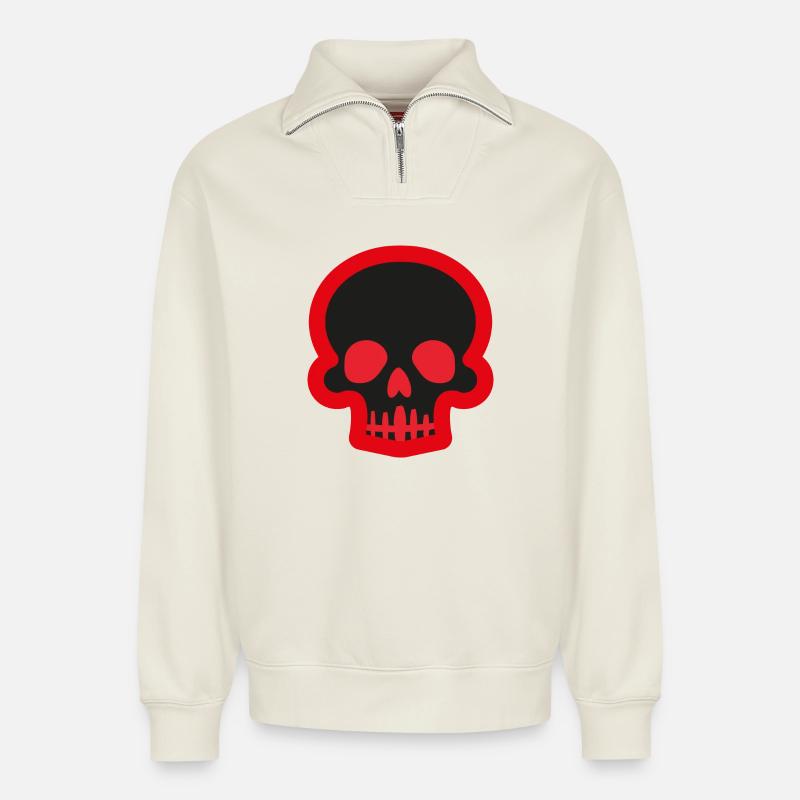 Schwarzer Schädel mit rotem Umriss - Relaxed Unisex Organic Half Zip Sweatshirt – von SPREAD - Naturweiß