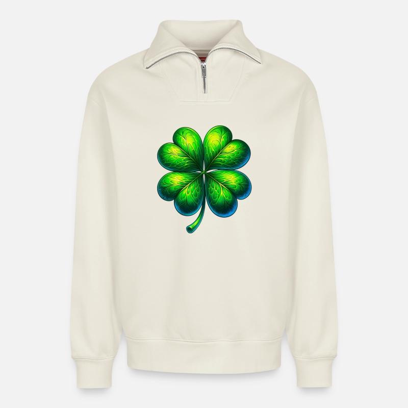 Trèfle à quatre feuilles - Sweat unisexe décontracté en coton biologique à demi-zip – de SPREAD - blanc cassé