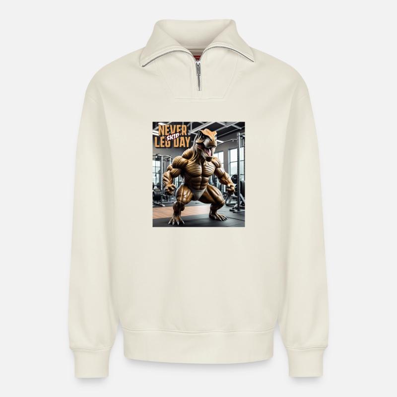 Dino - Never skip Leg Day - Relaxed Unisex Organic Half Zip Sweatshirt – von SPREAD - Naturweiß