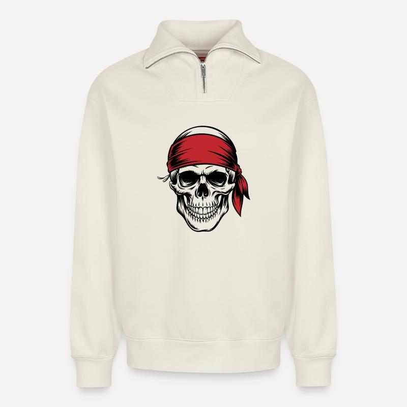 Piraten-Schädel - Relaxed Unisex Organic Half Zip Sweatshirt – von SPREAD - Naturweiß