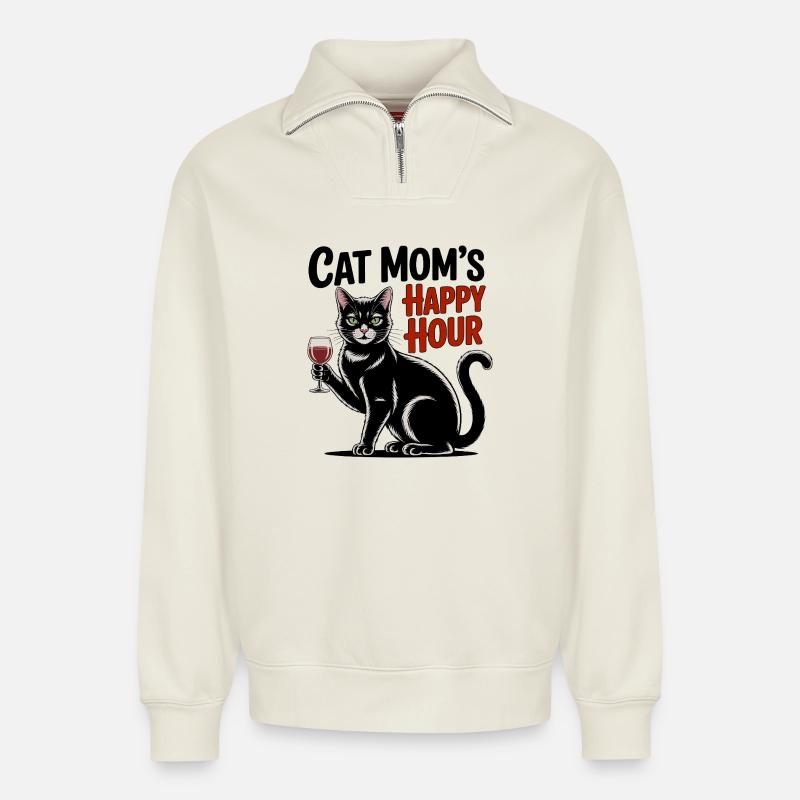Happy Hour Katze - Relaxed Unisex Organic Half Zip Sweatshirt – von SPREAD - Naturweiß