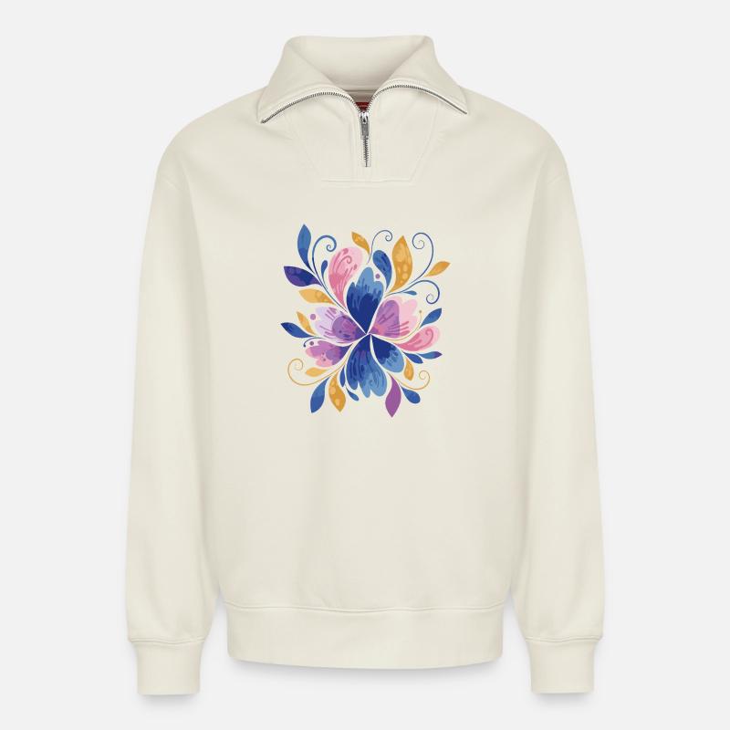 Elegantes Schmetterlings-Blumendesign - Relaxed Unisex Organic Half Zip Sweatshirt – von SPREAD - Naturweiß