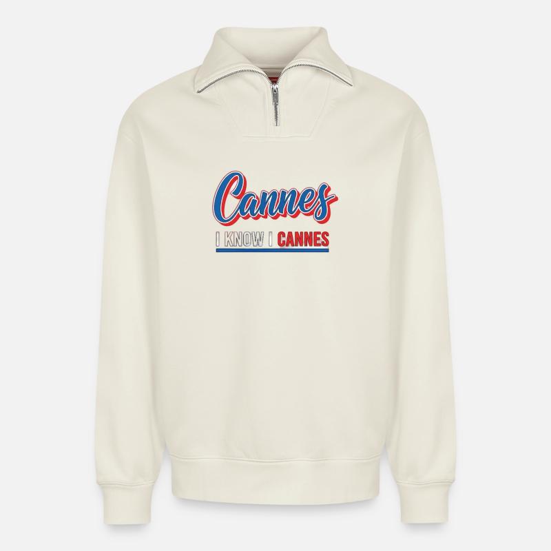 I know I Cannes Retro Design - Relaxed Unisex Organic Half Zip Sweatshirt – von SPREAD - Naturweiß
