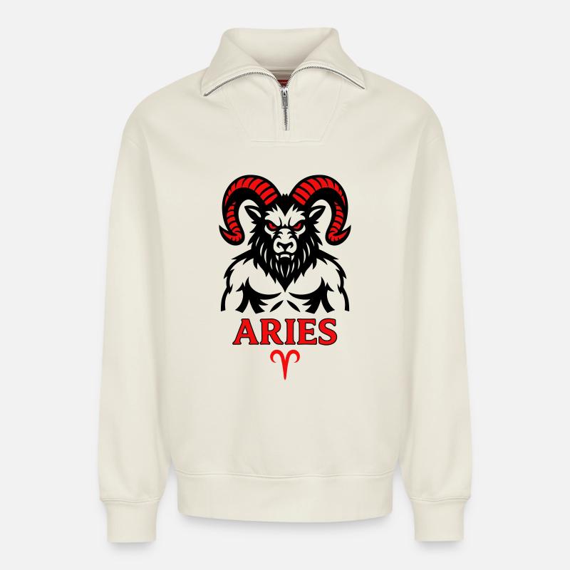 Aries Sternzeichen mit Hörnersymbol - Relaxed Unisex Organic Half Zip Sweatshirt – von SPREAD - Naturweiß