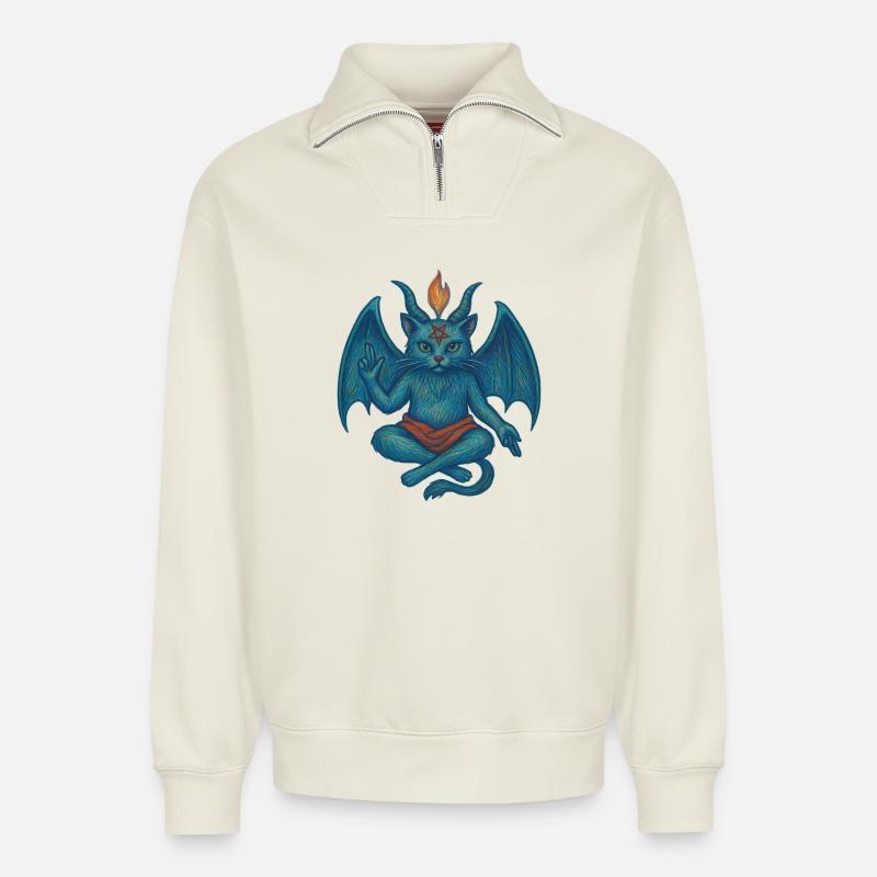Katze Baphomet - Relaxed Unisex Organic Half Zip Sweatshirt – von SPREAD - Naturweiß