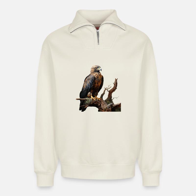 Imperial eagle on mossy branch - Relaxed Unisex Organic Half Zip Sweatshirt – by SPREAD - off white