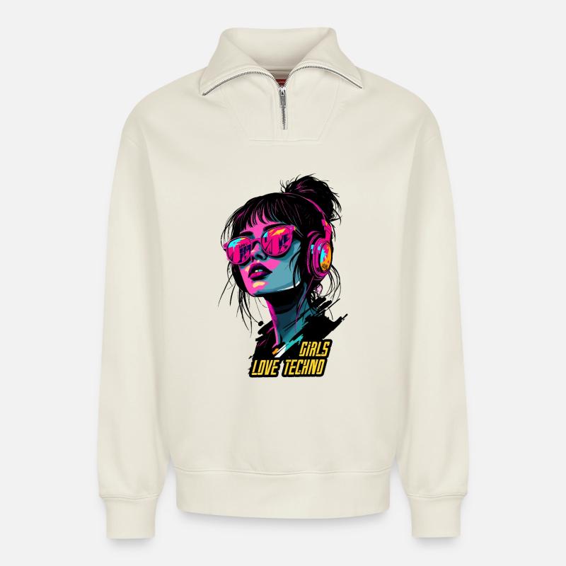 Neon Techno Mädchen Porträt - Relaxed Unisex Organic Half Zip Sweatshirt – von SPREAD - Naturweiß