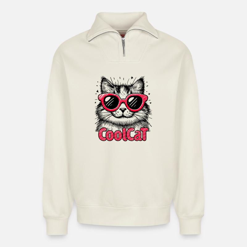 Coole Katze 1 - Relaxed Unisex Organic Half Zip Sweatshirt – von SPREAD - Naturweiß