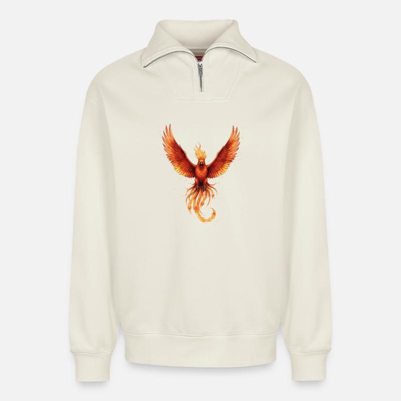 Feu Phoenix Flame Flight - Sweat unisexe décontracté en coton biologique à demi-zip – de SPREAD - blanc cassé