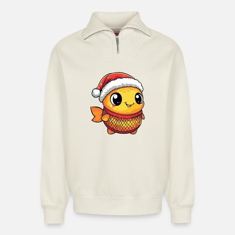 Noël du poisson rouge - Sweat unisexe décontracté en coton biologique à demi-zip – de SPREAD - blanc cassé
