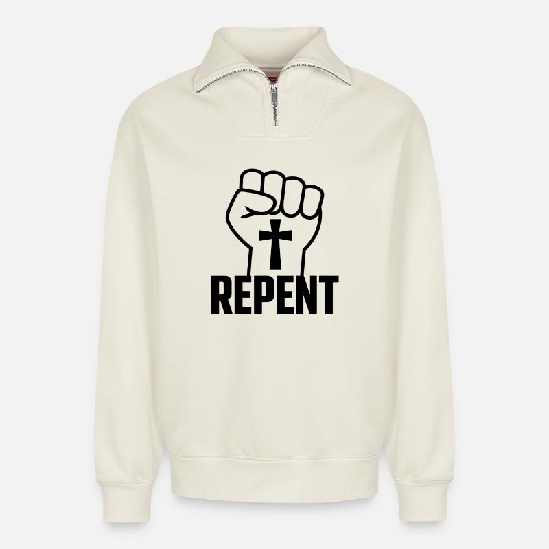 Repentir - Logo du Christianisme Saint - Sweat unisexe décontracté en coton biologique à demi-zip – de SPREAD - blanc cassé
