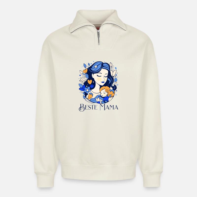 Beste Mama - Relaxed Unisex Organic Half Zip Sweatshirt – von SPREAD - Naturweiß