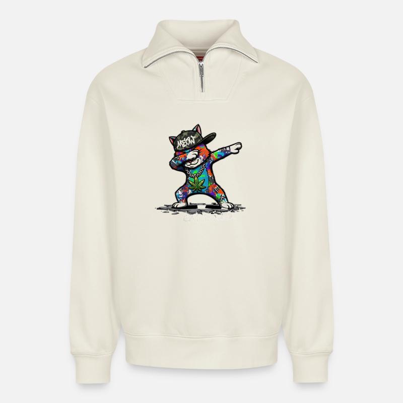 Dab Cat Power Streetart Comic Design - Relaxed Unisex Organic Half Zip Sweatshirt – von SPREAD - Naturweiß