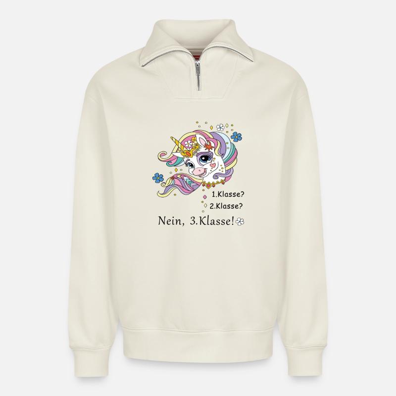 Enfant d’école en CE2 - Sweat unisexe décontracté en coton biologique à demi-zip – de SPREAD - blanc cassé