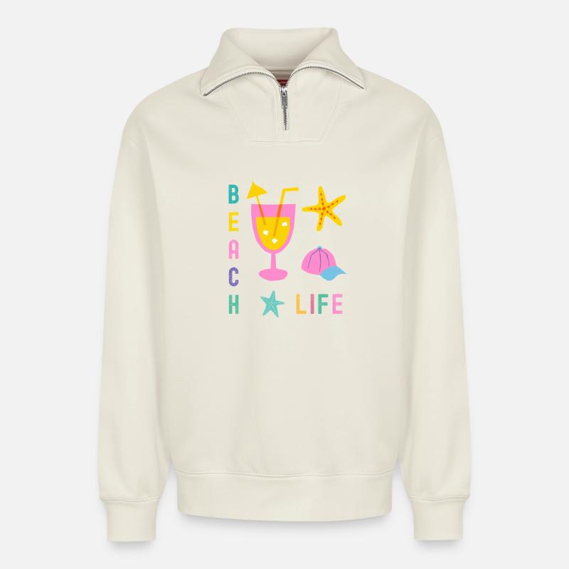 Beach Life Sommer Style - Relaxed Unisex Organic Half Zip Sweatshirt – von SPREAD - Naturweiß