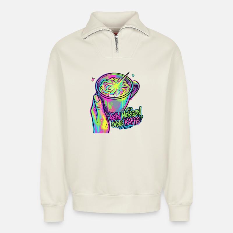 Kaffee Neon Splash – Morgenkick - Relaxed Unisex Organic Half Zip Sweatshirt – von SPREAD - Naturweiß